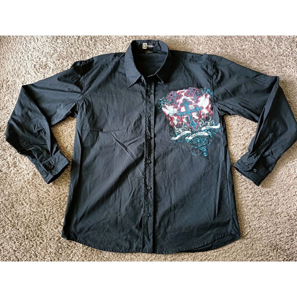 Vintage Dolphino Button Up Shirt Men's Medium Cross Black Shirt Mall Goth Y2K